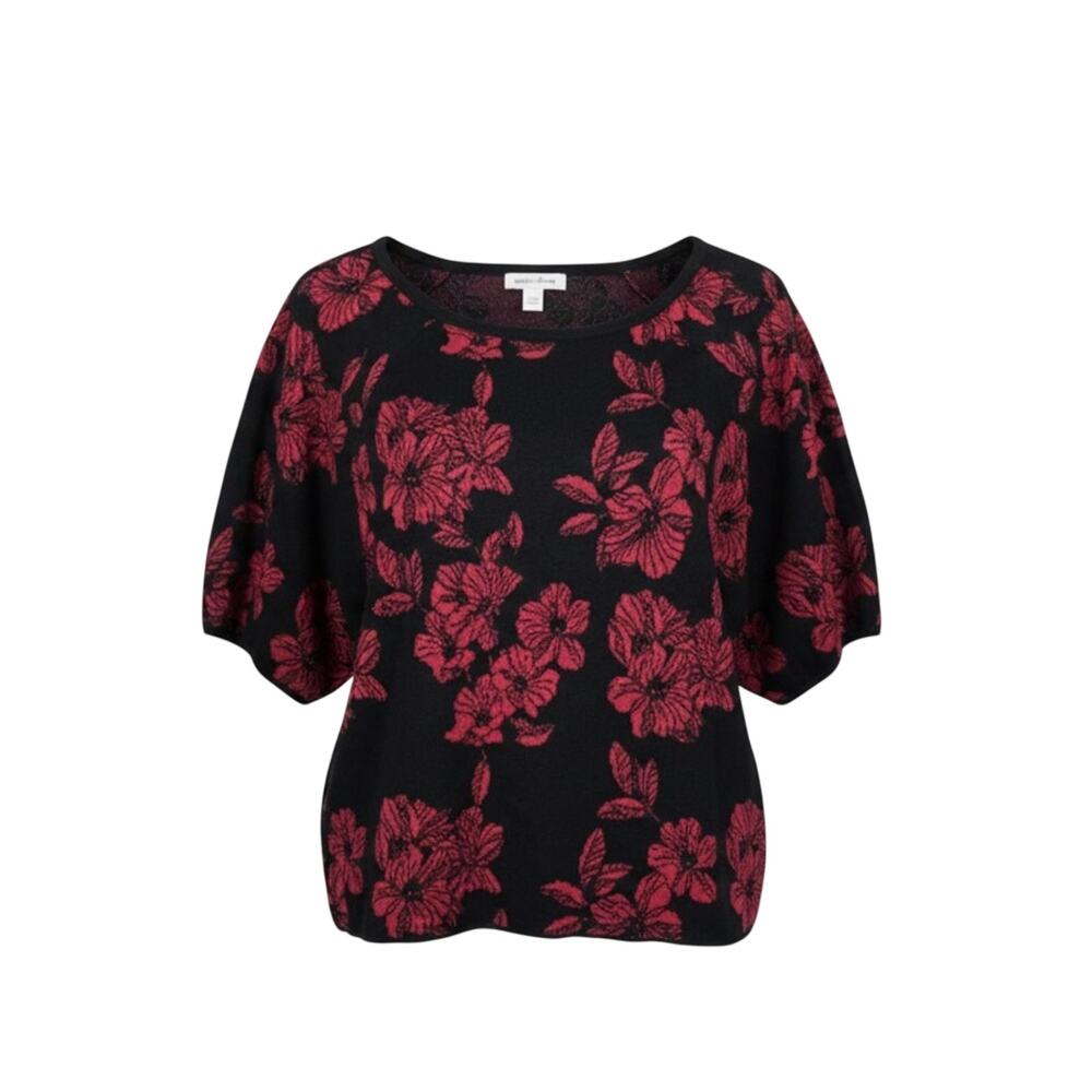 Liz Claiborne 3X Floral Knit Top Short Sleeve Black Red Rose Crewneck Sweater